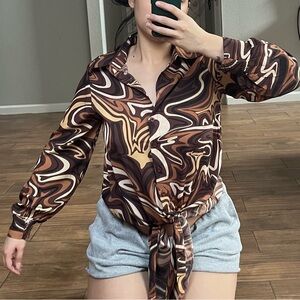 Princess Polly Brown and Cream Graphic Tie Front Blouse